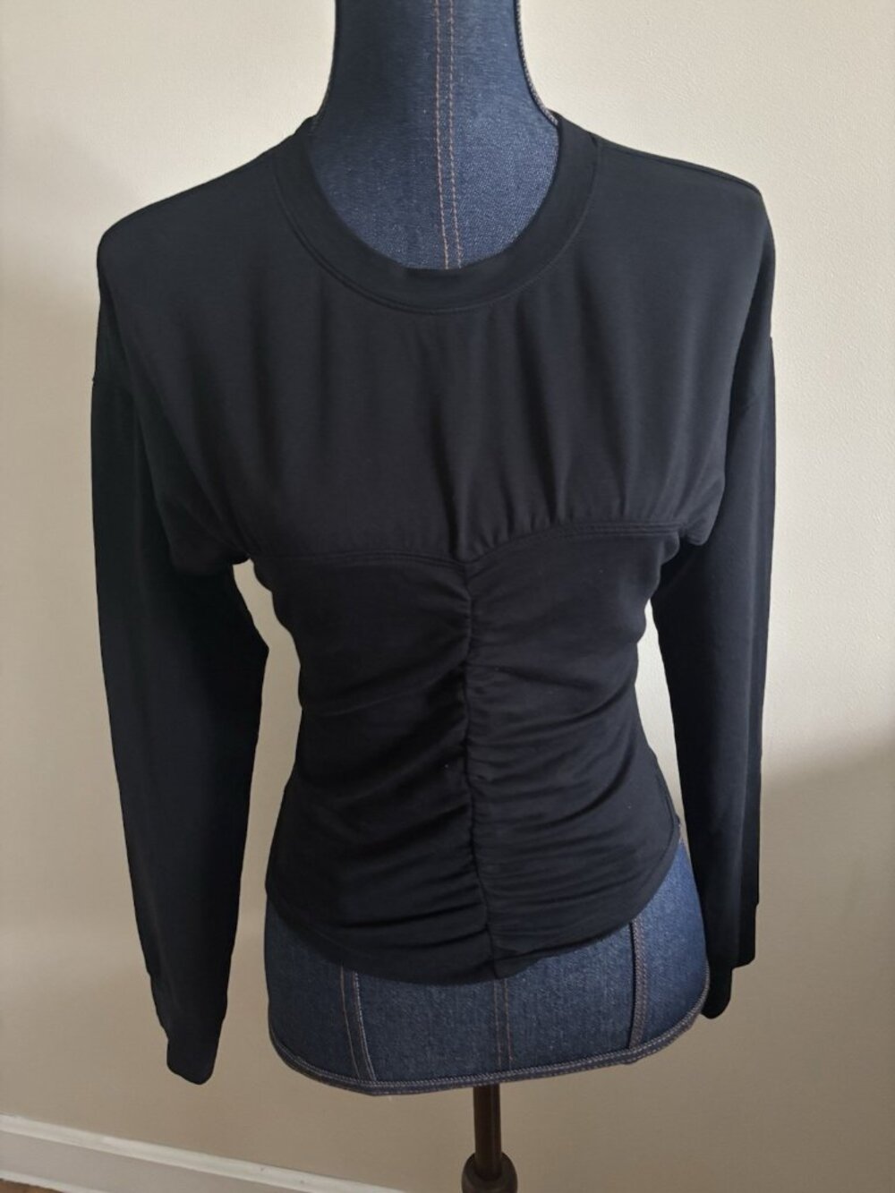 Open Edit Ruched Front Long Sleeve Top Shirt XS Black Minimalist Basic Neutral